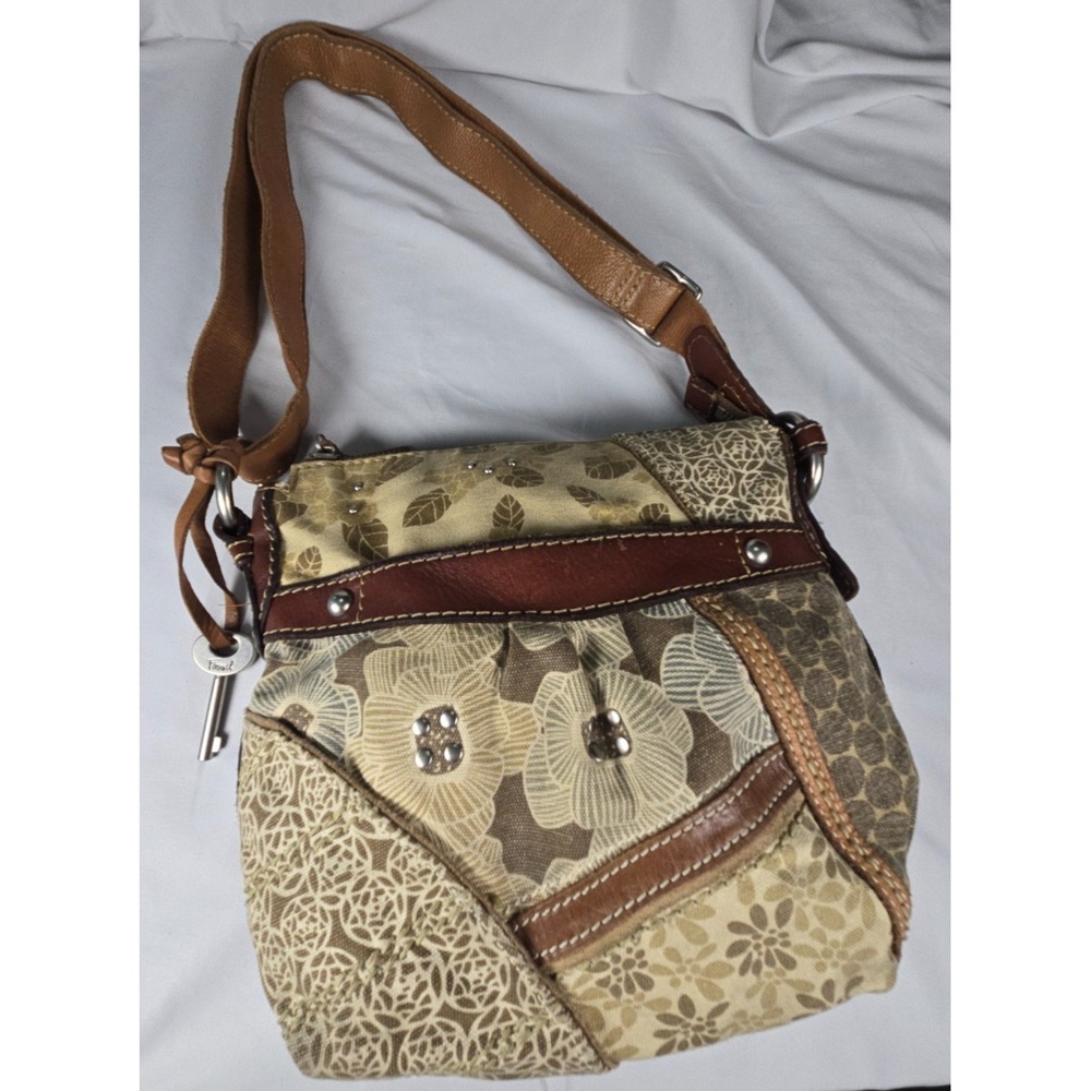 Fossil Multi-Pattern Leather Canvas Patchwork Hobo Bag Boho Hippie